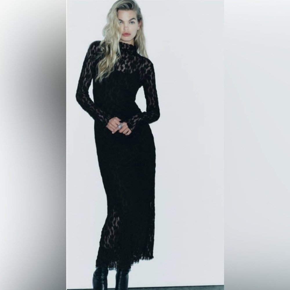 NWT Zara High Collar Black Lace Maxi Dress